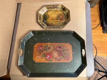Two Vintage Octagonal Paint Decorated Toleware Serving Trays