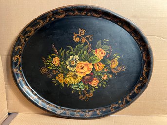 Large Oval Floral Painted Toleware Tray, Scrolling Foliate Border Detail