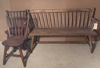 Rustic Oak Windsor Style Bench & Two Companion Rustic Side Chairs