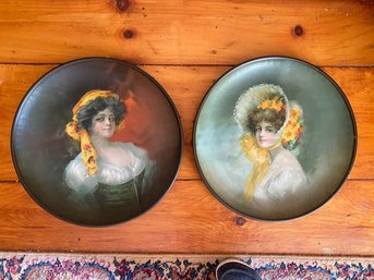 Pair Victorian Style Transfer Printed Tin Portrait Chargers