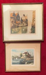 Two Continental Colored Etchings Of Town Views