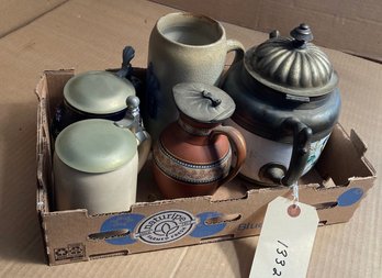 Group Five Stoneware And Pewter Lidded Vessels