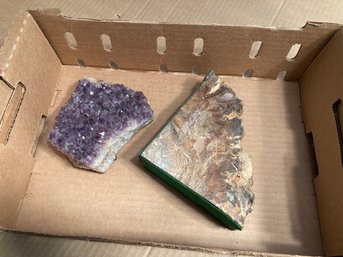 Two Natural History Items, Amethyst Cluster Fragment & Single Petrified Wood Bookend