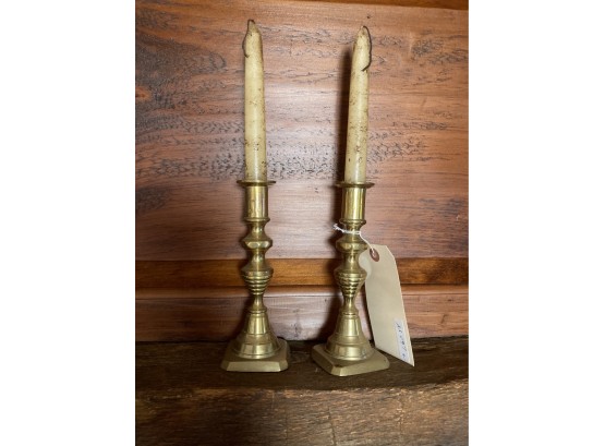 Pair Brass Square Base 'beehive' Push Up Candlesticks, 19th C.