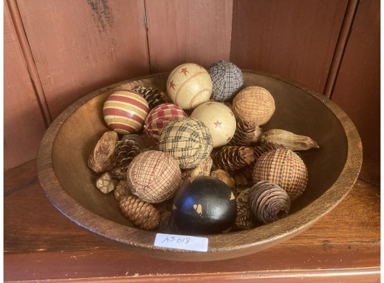 Early Turned Ash(?) Wooden Bowl, With Collection Of Carpetballs, Organics