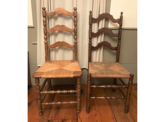 Two Vintage Shaped Slat Back Side Chairs, Rush Seats, Molded Slats