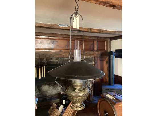 Antique Bradley & Hubbard #95 Embossed Brass Kerosene Hanging Lamp/Shade, 1890's