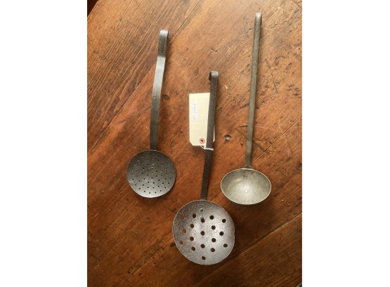 Three Vintage Iron Hearth Implements: Two Strainers, One Ladle