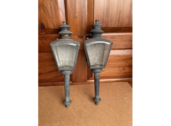 Pair Vintage Painted Brass/Copper Coach Type Outdoor Lanterns