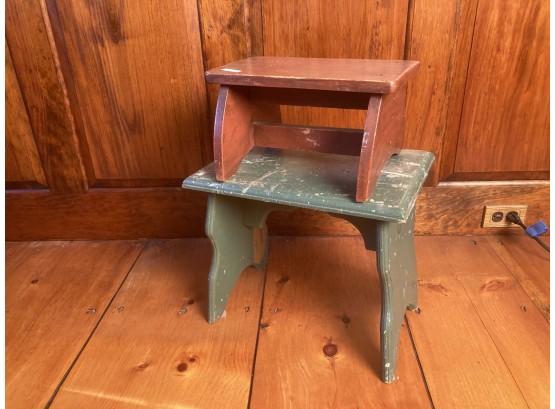 Two Rustic/Country Small Painted Footstools, Red & Green