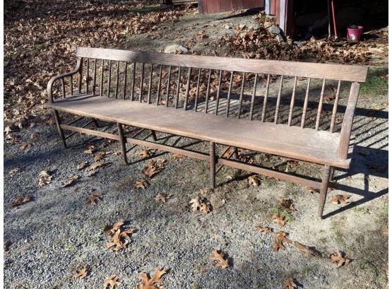 Nice Antique American Chestnut(?) Spindle Back Plank Seat Windsor Long Bench, 19th C.