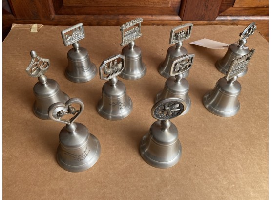Ten Pewter Bells, 'The Twelve Days Of Christmas', Each With Different Figural Handle