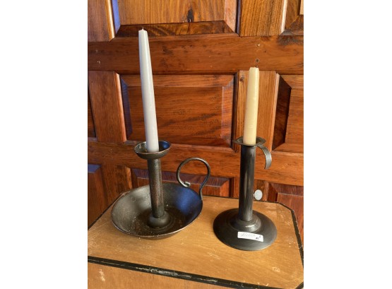 Two Antique Style Black Painted Lighting Devices, Hogscraper & Chamberstick