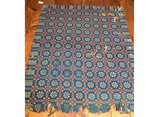 Vintage American Country  Blue/Red & White Woven Coverlet