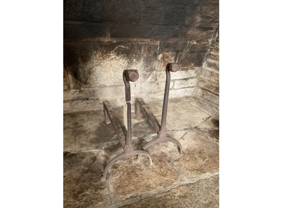 Pair Antique Gooseneck Wrought Iron Andirons, Octagonal Knop