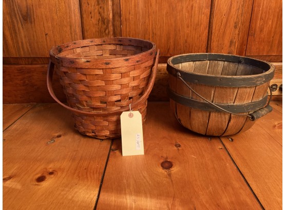 Two Swinghandled Fruit Baskets, Smaller Splint The Larger Staved Design