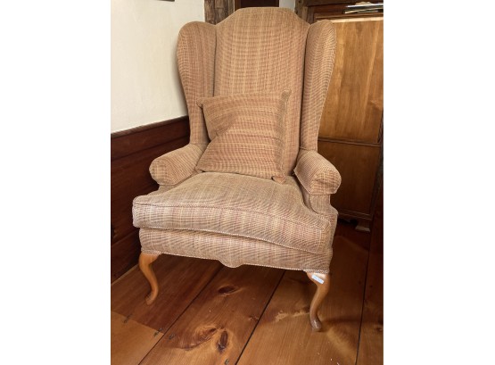 Queen Anne Style Maple(?) High Back Upholstered Wing Chair, Cabriole Legs