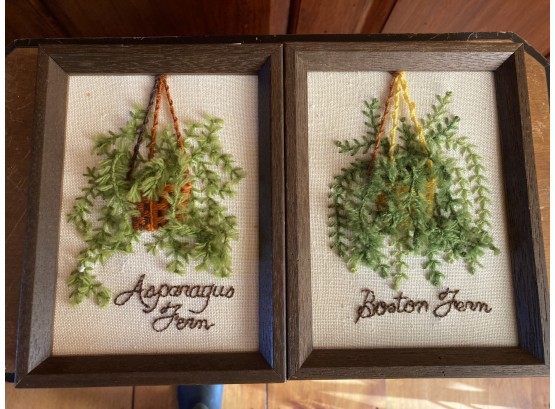 Two  Interesting Framed Modern Folk Art Fabric & Needlework Botanicals - Ferns
