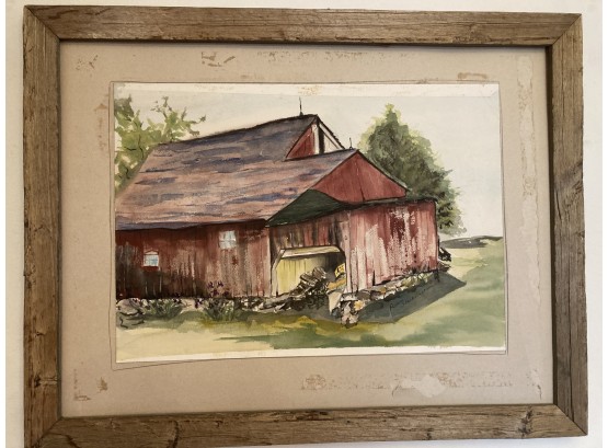 Charming Watercolor On Paper Of Red Barn, Signed Arlene Starkweather