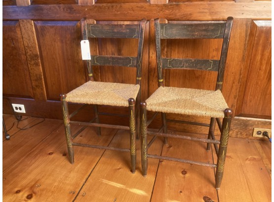 Pair American Paint Decorated Thumback Windsor Side Chairs, Rush Seats 19th C.