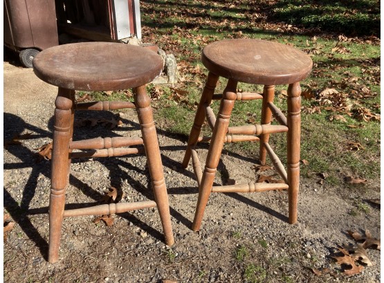 Pair Country Oak & Maple Round Seated Stools