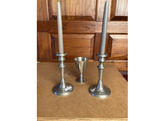 Pair Contemporary Pewter Candlestick & Goblet