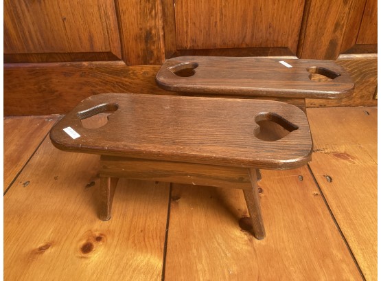 Pair Oak Country Style Footstools, Heart Shaped Cutouts
