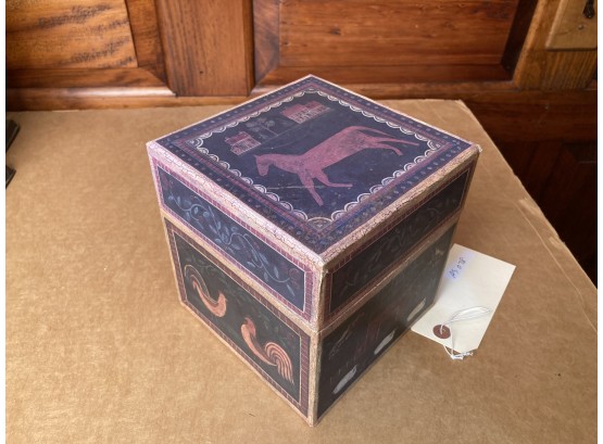 Folk Art Style Paper Covered Box, Allen Stauffer (artist), Label On Bottom