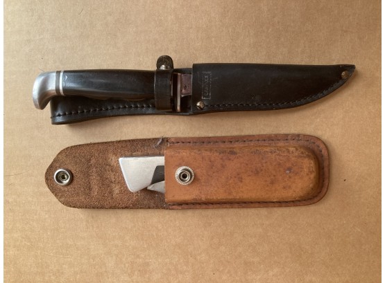 Two Leather Cased Hunting Knives - 'sharp 300' Folding Knife, Case XX