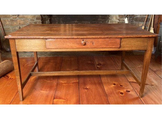 Antique American Farmhouse Dining Table, Stretcher Base & One Side Drawer, 19th C.