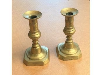 Pair Small Antique Brass Push Up Candlesticks