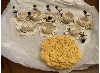Vintage Crochete Worked Group Of Eight Christmas Candy Cups, Ten Doilies
