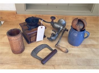 Estate Group Five Vintage Kitchen Items - Chopper, Wooden Vessel, Two Grinders, Cup W/Implements