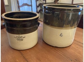Two Brown & White Stoneware Crocks, Two Gallon & Four Gallon
