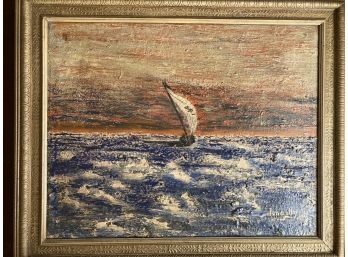 Impressionist Oil On Board, Seascape With Boat, Signed 'Dan Waller 1961'