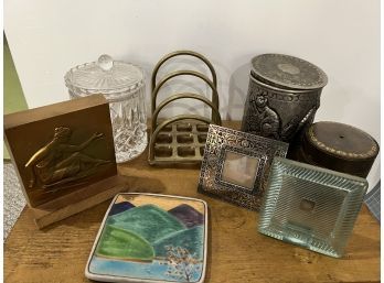 Antique Lot- Bookend, Picture Frame, Italy Leather, Brass Letter Holder, Glass/crystal (?) Candy Jar