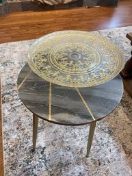 Vintage Clear Glass Pedestal Cake Stand With Embossed Gold Scroll Detail