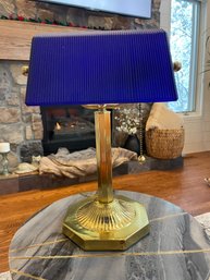 Vintage Brass Bankers Lamp With Blue Frosted Glass Shade - 14' Lamp