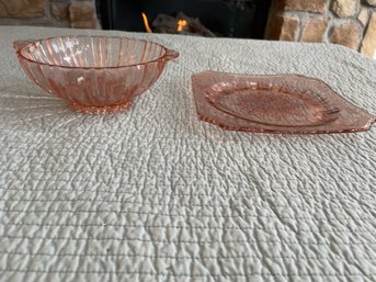 Pink Depression Glass Plate And Bowl