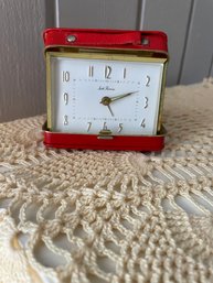 Vintage Seth Thomas Travel Clock In Red Leather Suitcase