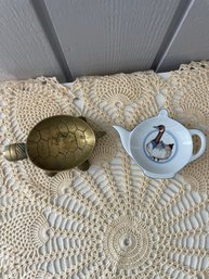 Vintage Trinket Dish Lot Of 2: Geese Teapot, Brass Turtle