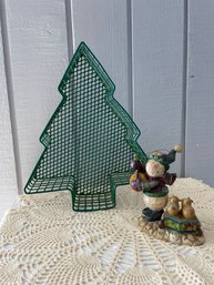 Misc Christmas Lot: Wire Coated Tree Basket, Snowman Figurine