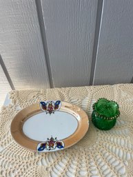 Misc Vintage Dish Lot, 2 Pcs: Noritake Saucer W/Peach Luster Border, Heisey Emerald Green & Gold Toothpick Cup