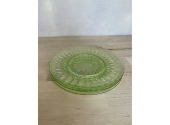 2 Green Drepression Glass Plates