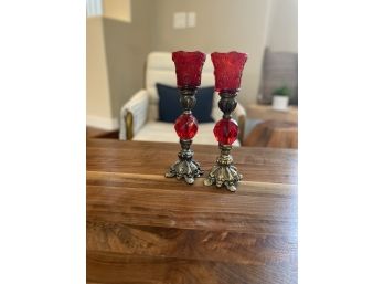 Vintage Candlestick Holders With Large Red Lucite Gem - Set Of 2