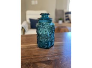 Vintage Teal Imperial Glass Attebury Scroll Canister Jar