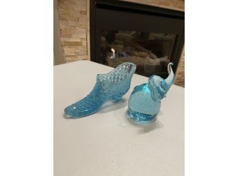 Blue Depression Glass Hobnail Shoe And Blue Glass Elephant