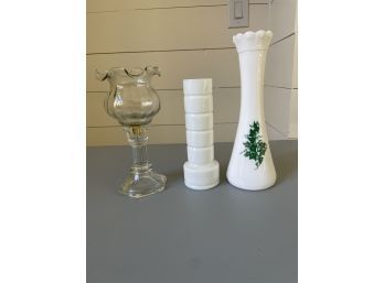 Dcor Set Of 3 - 3 Vintage Milk Glass Vases And Crystal Candle Holder