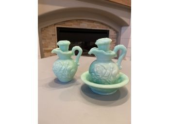 Avon Jade Green Victorian Rose Vase And Basin - Set Of 3