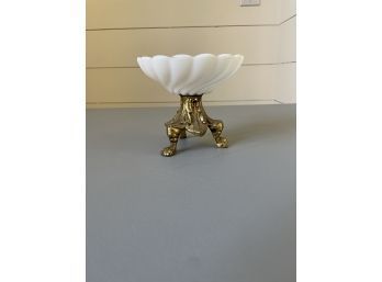 Vintage Brass And Milk Glass Footed Candy Dish